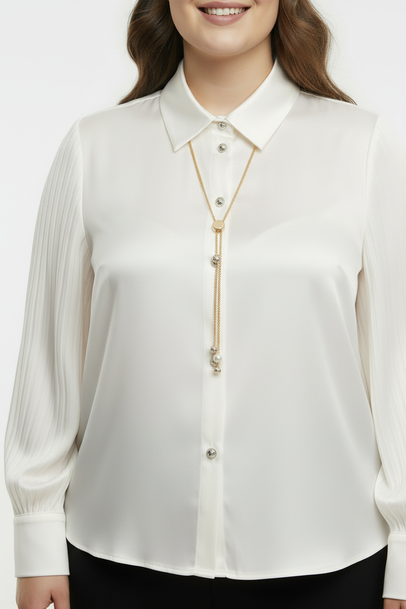 Opulent Büyük Beden Kristal Düğmeli Kolyeli Pileli Manşet Beyaz Saten Gömlek