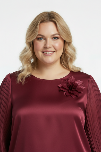 Delicate Büyük Beden Yaka Çiçek Bluz Bordo