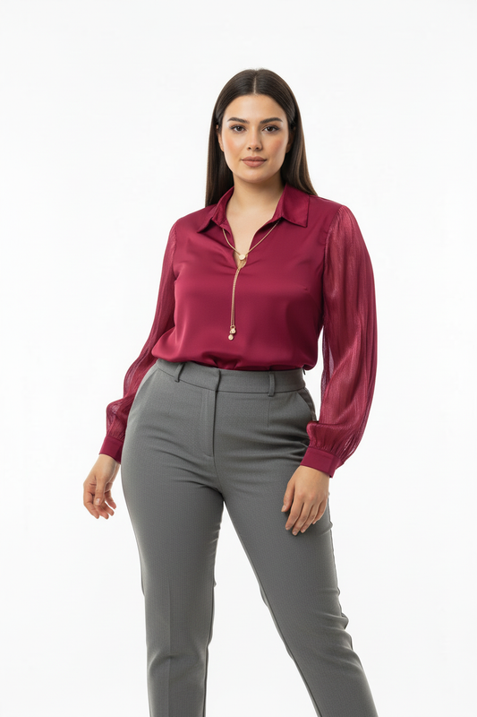 Chic Büyük Beden Önü V Yakalı Bluz Bordo