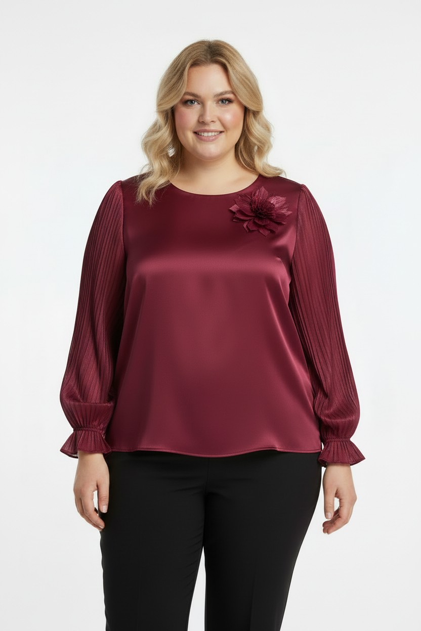 Delicate Büyük Beden Yaka Çiçek Bluz Bordo