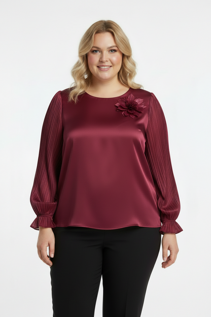 Delicate Büyük Beden Yaka Çiçek Bluz Bordo