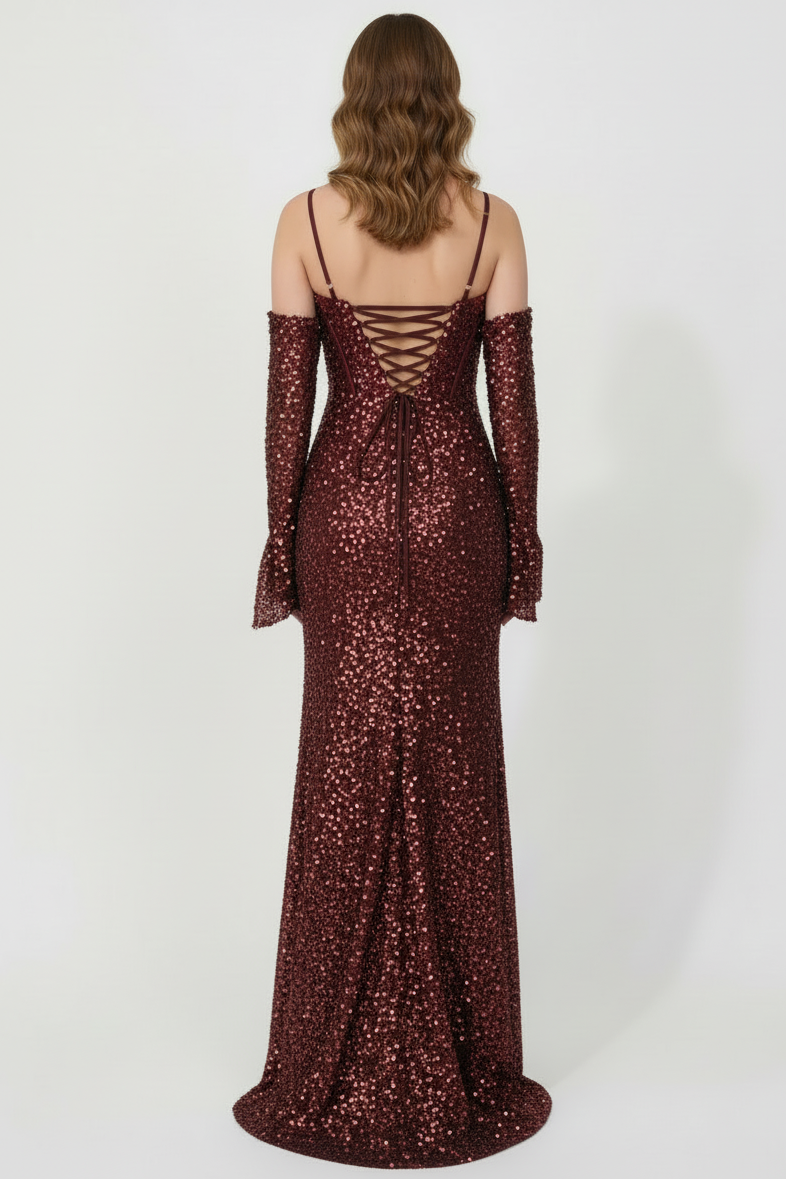 Kadın Kol Parçalı Uzun Pullu Abiye  Bordo