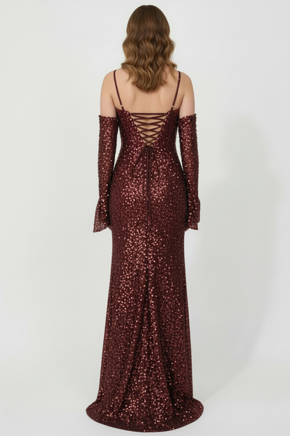 Kadın Kol Parçalı Uzun Pullu Abiye  Bordo