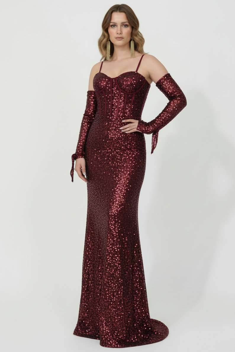 Kadın Kol Parçalı Uzun Pullu Abiye  Bordo