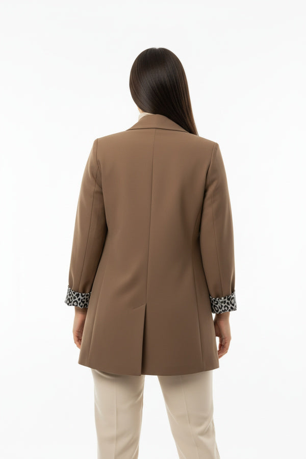 Büyük Beden İçi Leoparlı Blazer Ceket Bej - Yandan Görünüm