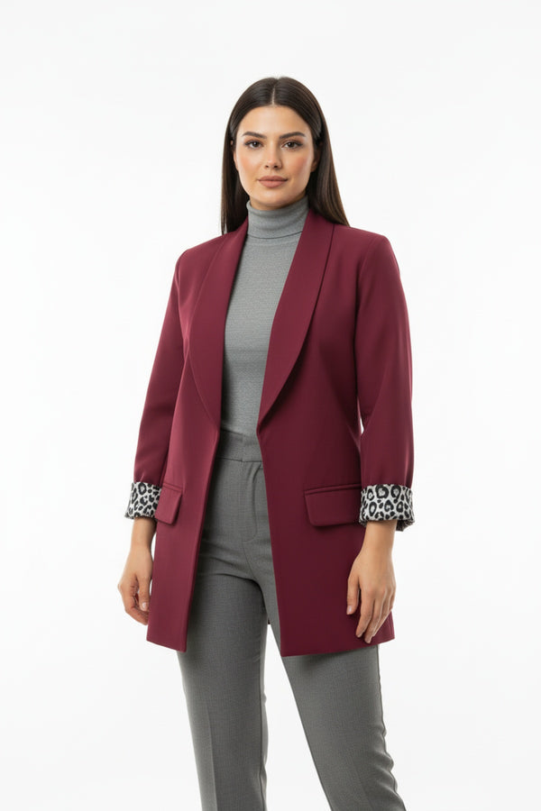 Büyük Beden İçi Leoparlı Blazer Ceket Bordo - Arka Görünüm