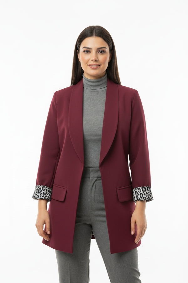 Büyük Beden İçi Leoparlı Blazer Ceket Bordo - Detay Görünümü