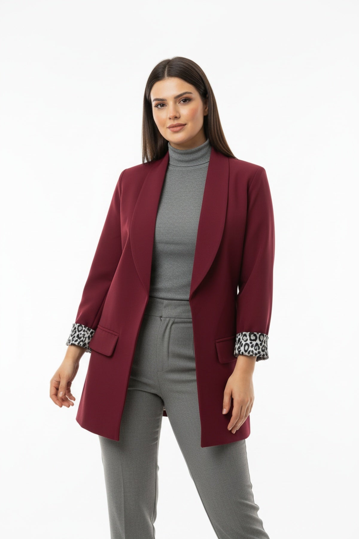 Büyük Beden İçi Leoparlı Blazer Ceket Bordo - Ön Görünüm