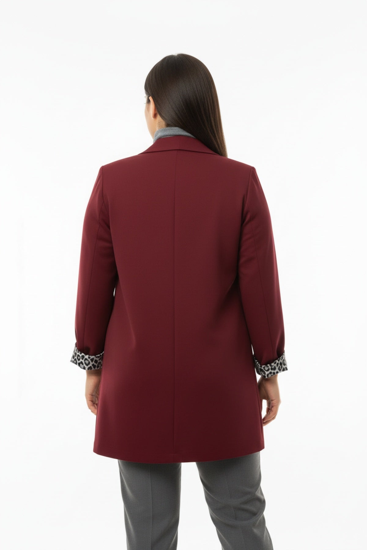 Büyük Beden İçi Leoparlı Blazer Ceket Bordo - Yandan Görünüm