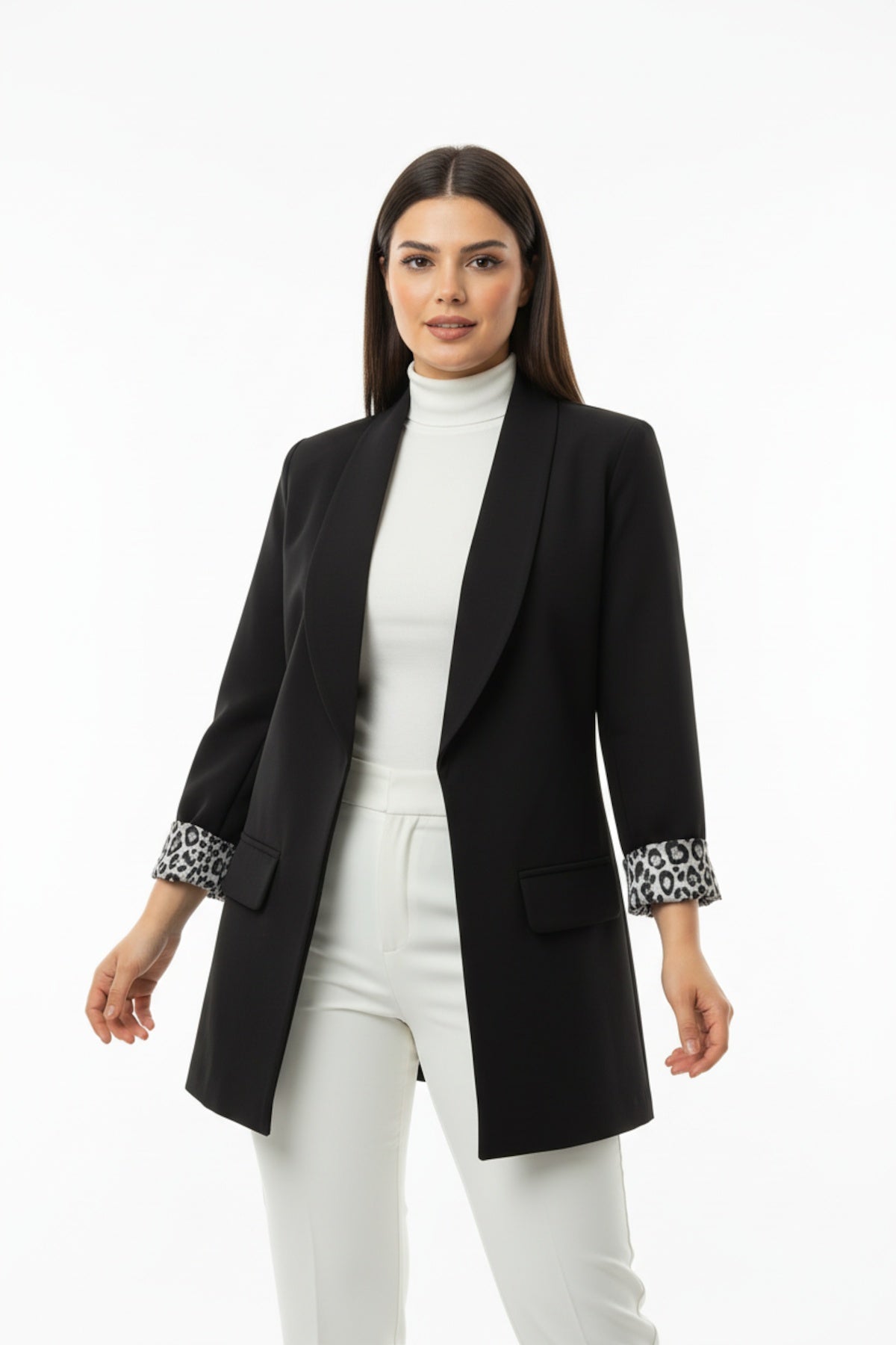 Büyük Beden İçi Leoparlı Blazer Ceket Siyah - Arka Görünüm