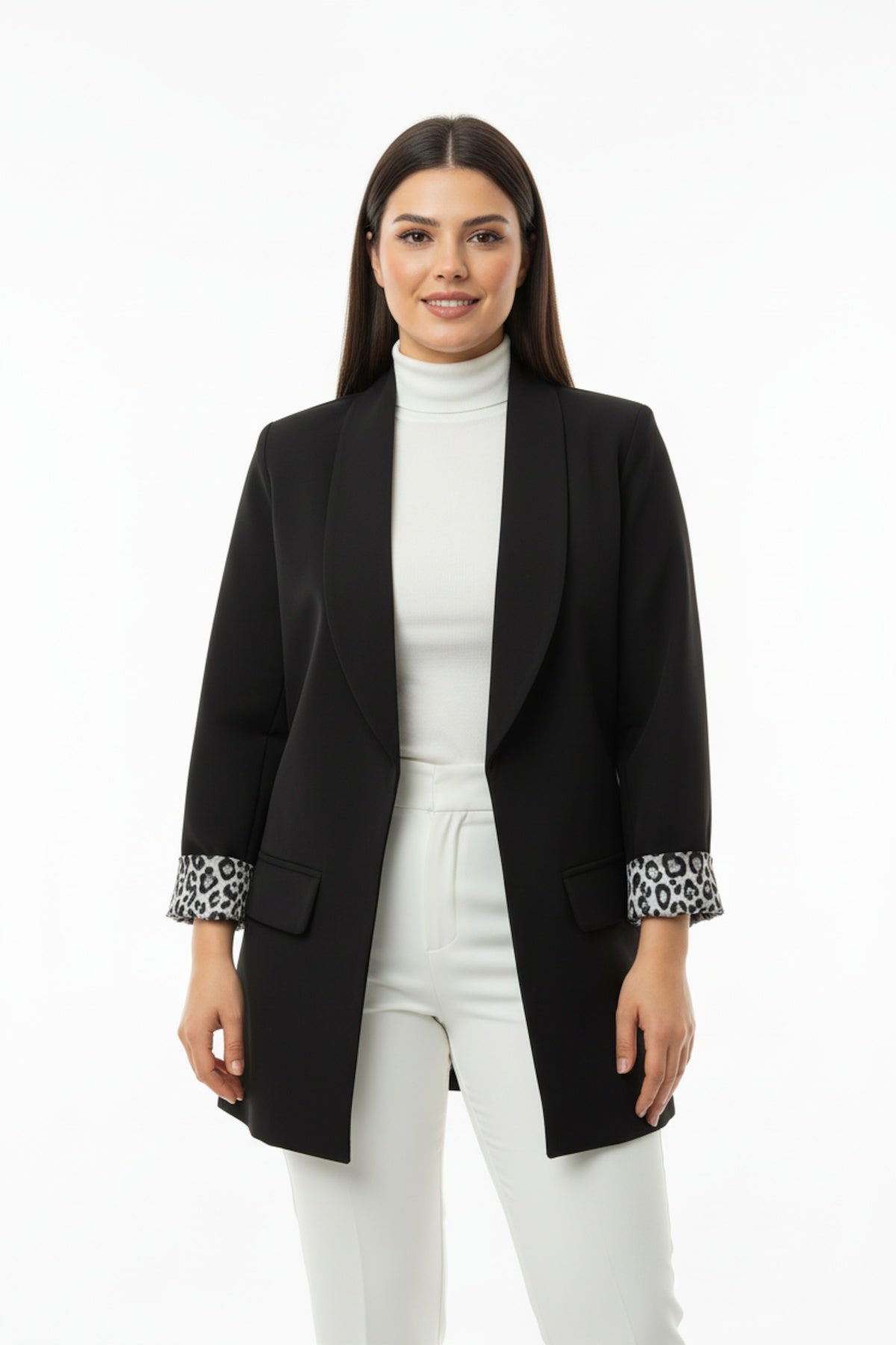 Büyük Beden İçi Leoparlı Blazer Ceket Siyah - Ön Görünüm