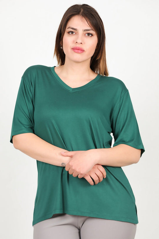 Büyük Beden Kısa Kol Bluz Yeşil - Ön Görünüm