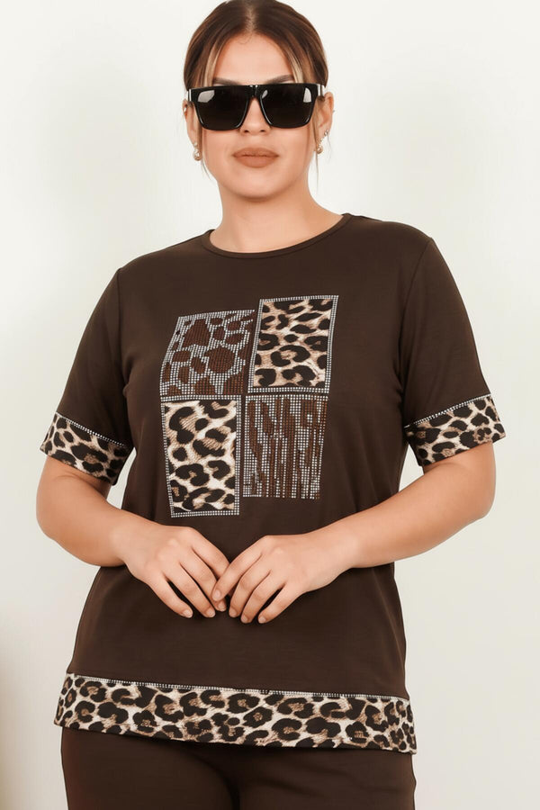 Büyük Beden Leoparlı Taşlı Kısa Kol Takım Kahverengi - Yandan Görünüm