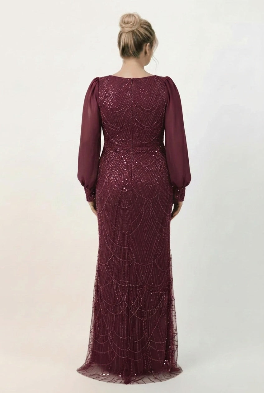 Büyük Beden Manşetli Şifon Kol Pullu Boncuklu Uzun Abiye Bordo - Detay Görünümü