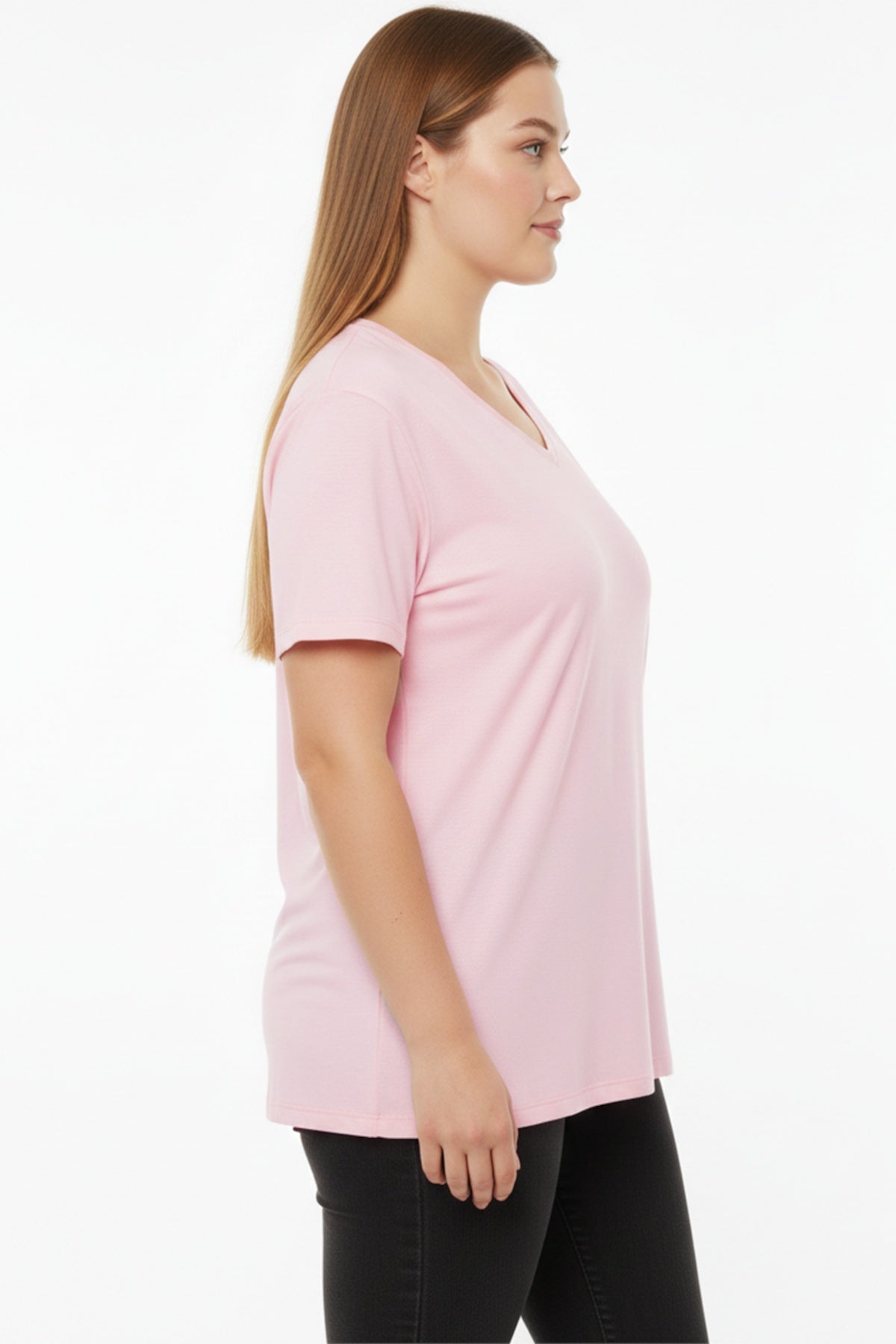 Büyük Beden Oversize V Yaka Tshırt Pembe - Arka Görünüm