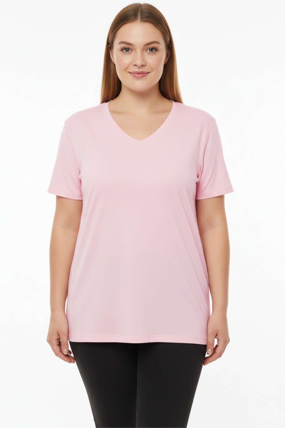 Büyük Beden Oversize V Yaka Tshırt Pembe - Ön Görünüm