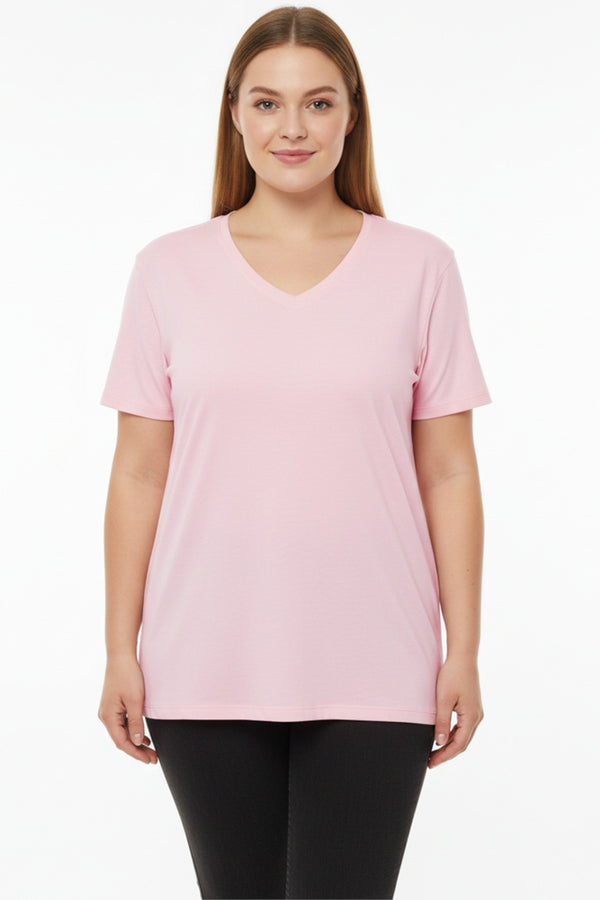 Büyük Beden Oversize V Yaka Tshırt Pembe - Ön Görünüm