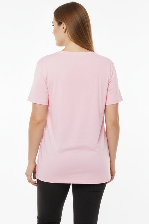 Büyük Beden Oversize V Yaka Tshırt Pembe - Yandan Görünüm