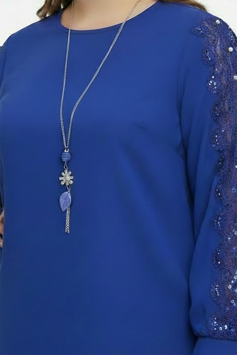 Glam Büyük Beden Payetli Dantel Kollu Saks Mavi Bluz