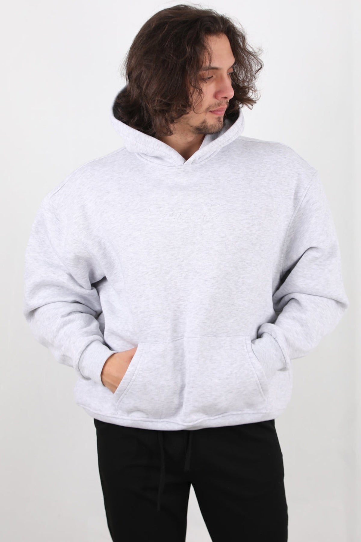 Erkek Arka Baskılı Kapşonlu Sweat Gri - Ön Görünüm