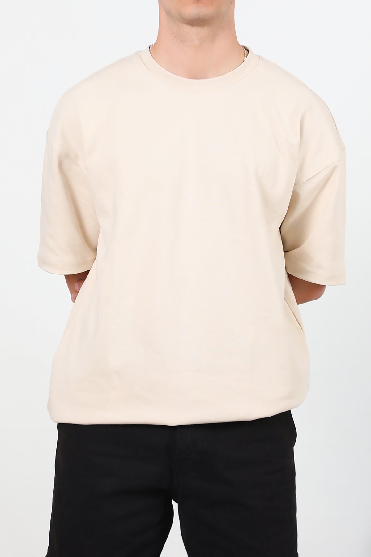 Erkek Bisiklet Yaka Oversize T-Shirt Taş - Arka Görünüm