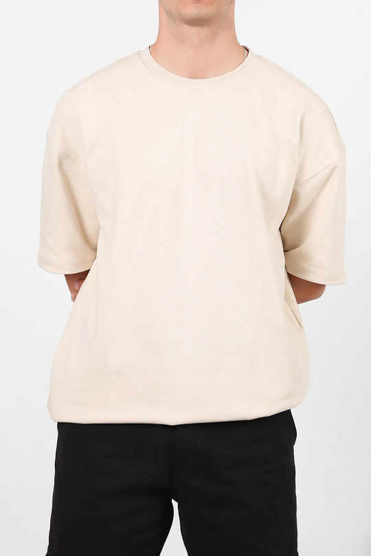 Erkek Bisiklet Yaka Oversize T-Shirt Taş - Arka Görünüm