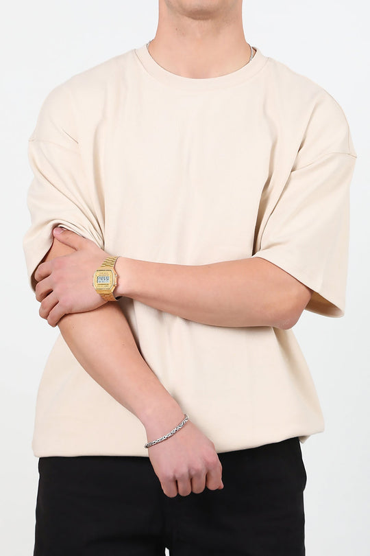 Erkek Bisiklet Yaka Oversize T-Shirt Taş - Ön Görünüm