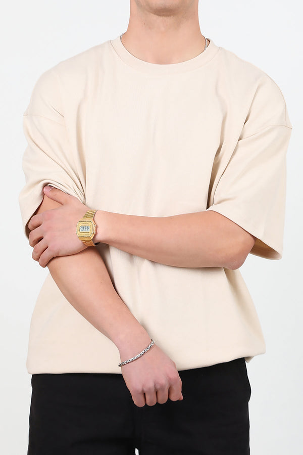 Erkek Bisiklet Yaka Oversize T-Shirt Taş - Ön Görünüm