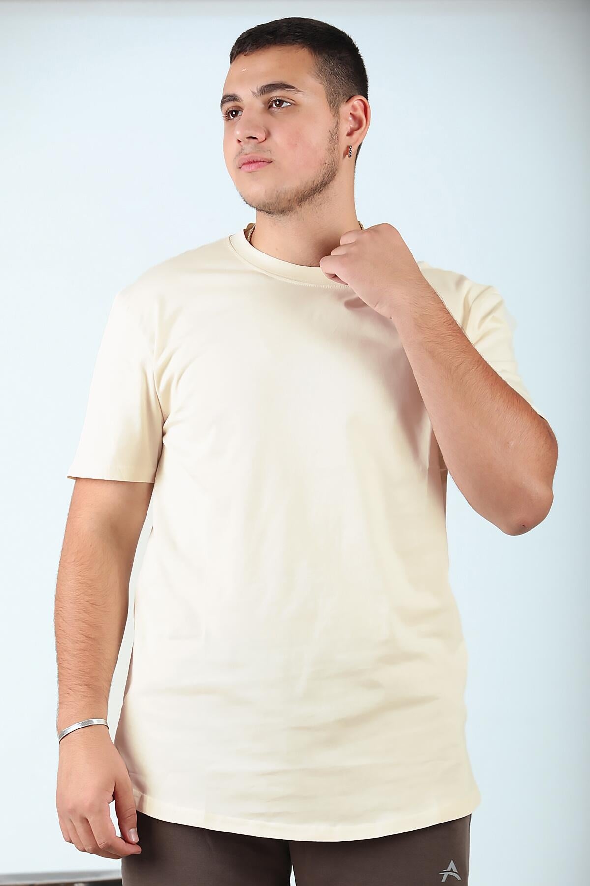 Erkek Bisiklet Yaka T-Shirt Krem - Arka Görünüm