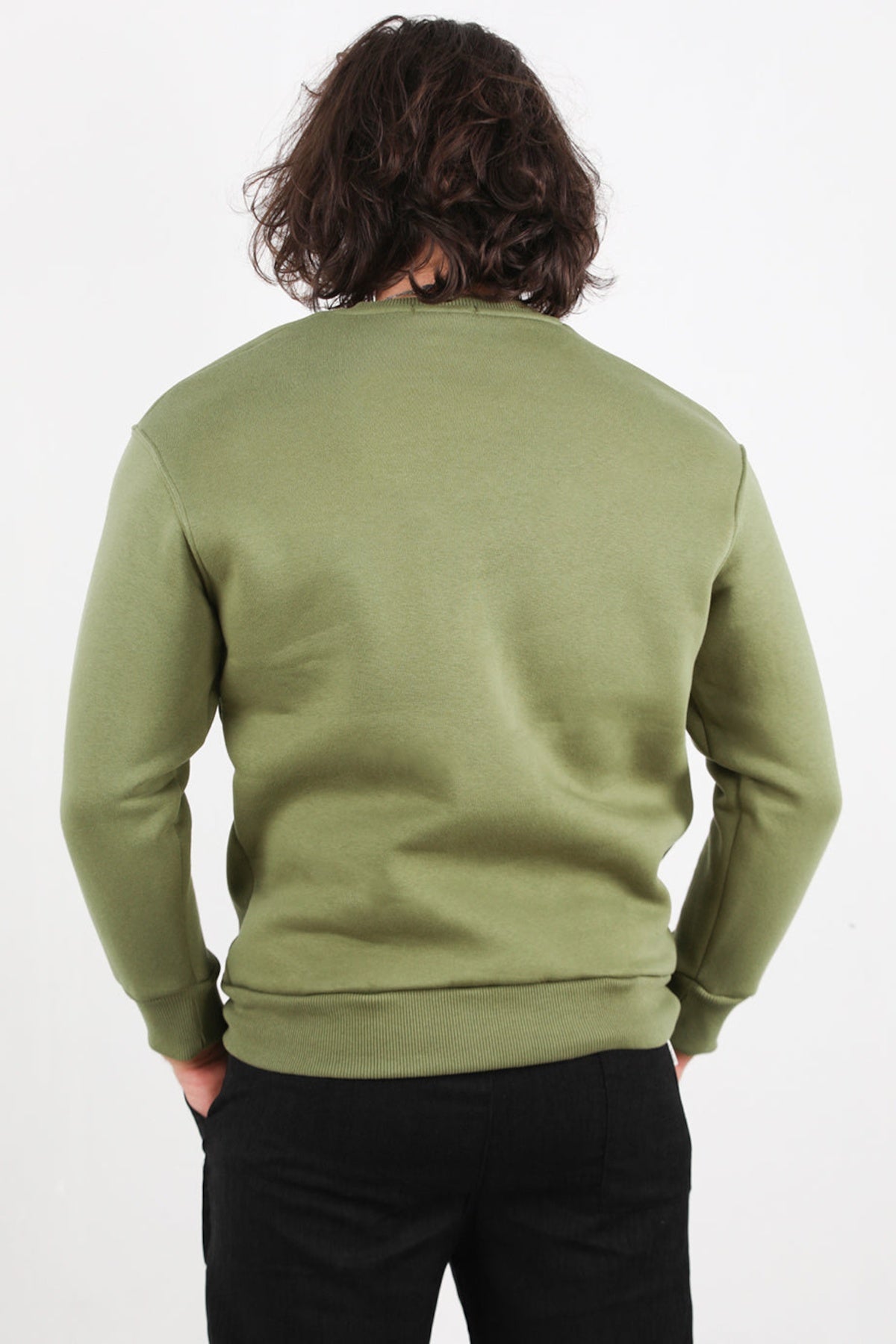 Erkek Oversize Bisiklet Yaka Şardonlu Sweat Haki - Detay Görünümü