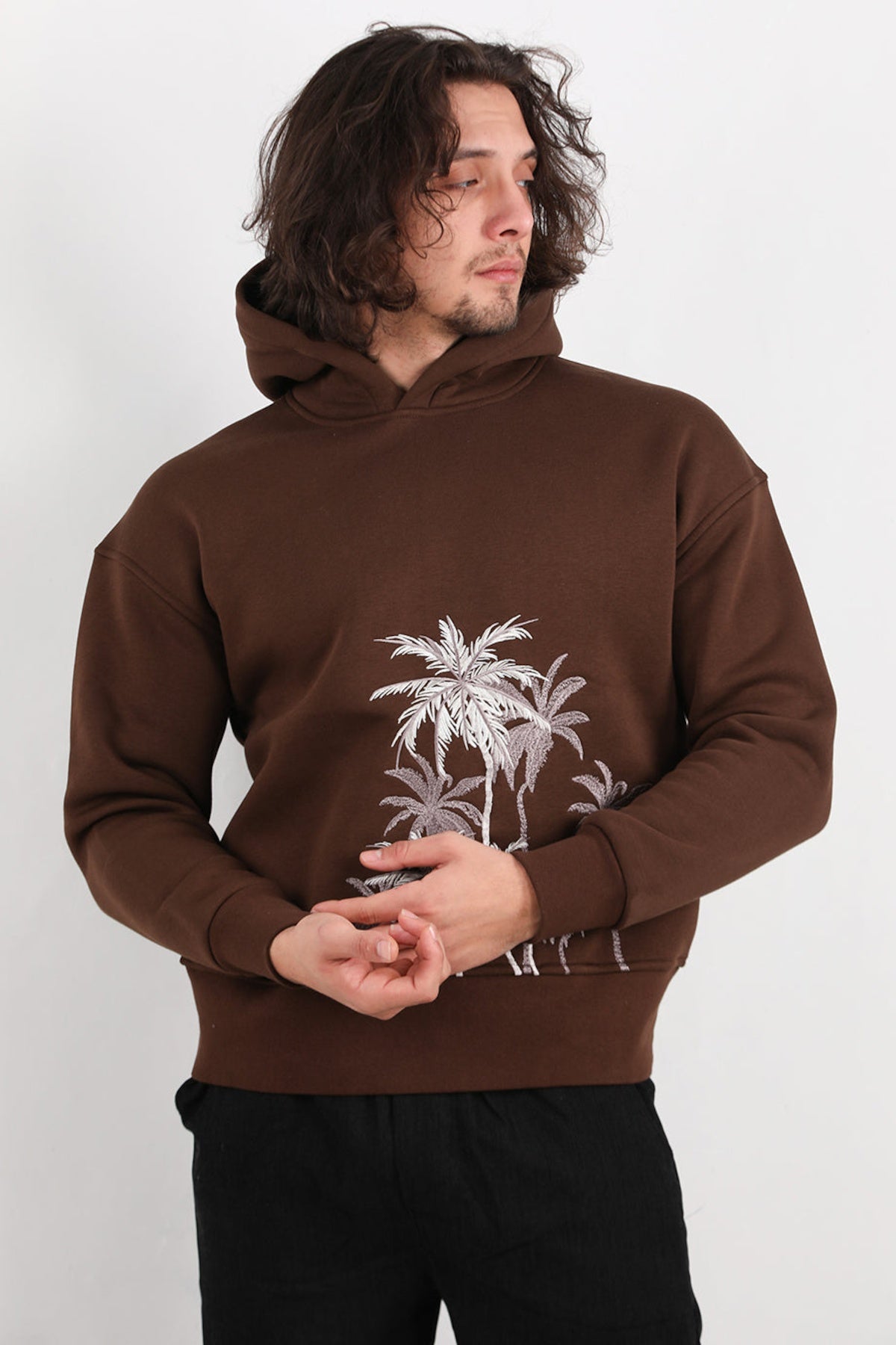 Erkek Palmiye Nakışlı Sweat Kahverengi