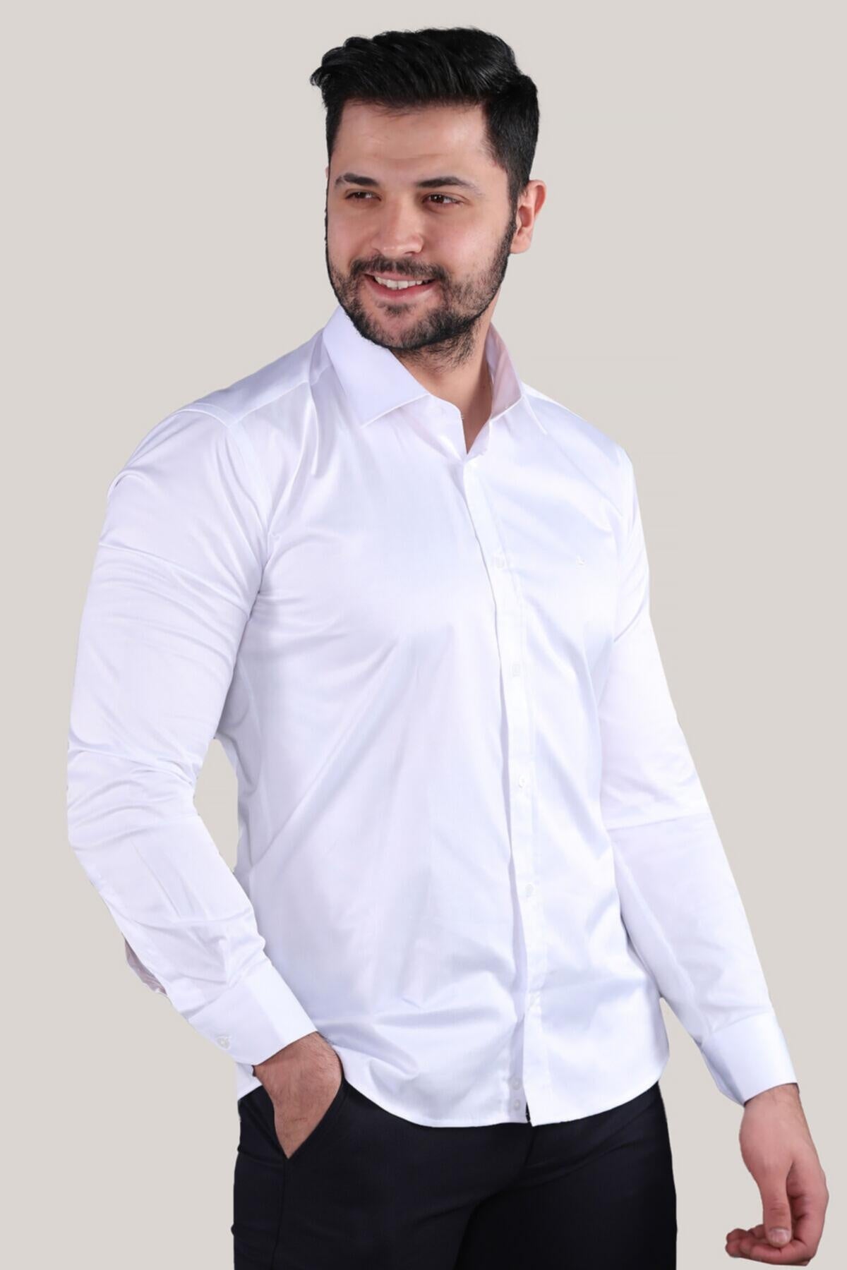 Erkek Saten Gömlek Beyaz - Arka Görünüm
