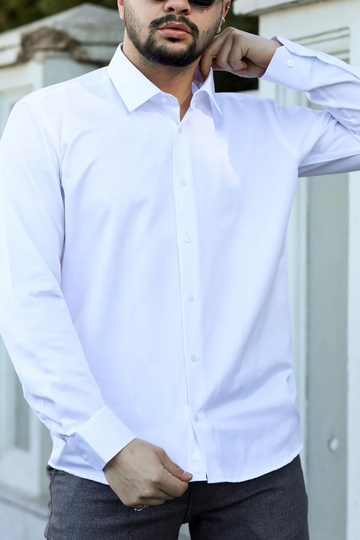 Erkek Saten Slim Fit Gömlek Beyaz - Arka Görünüm
