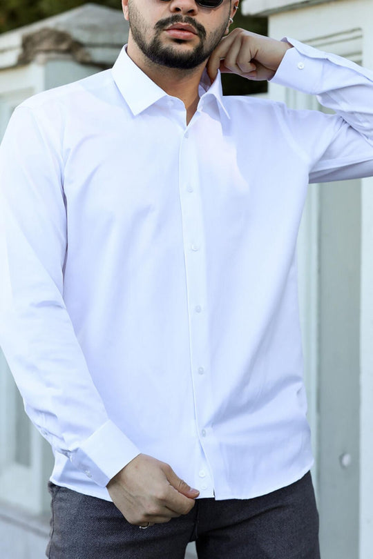 Erkek Saten Slim Fit Gömlek Beyaz - Arka Görünüm