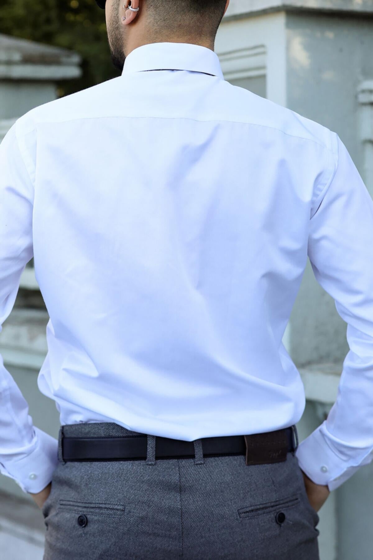 Erkek Saten Slim Fit Gömlek Beyaz - Detay Görünümü