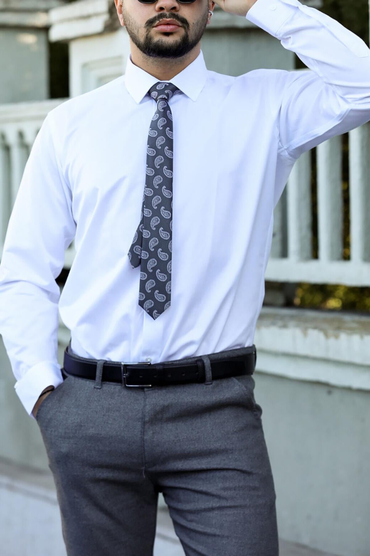 Erkek Saten Slim Fit Gömlek Beyaz - Ön Görünüm