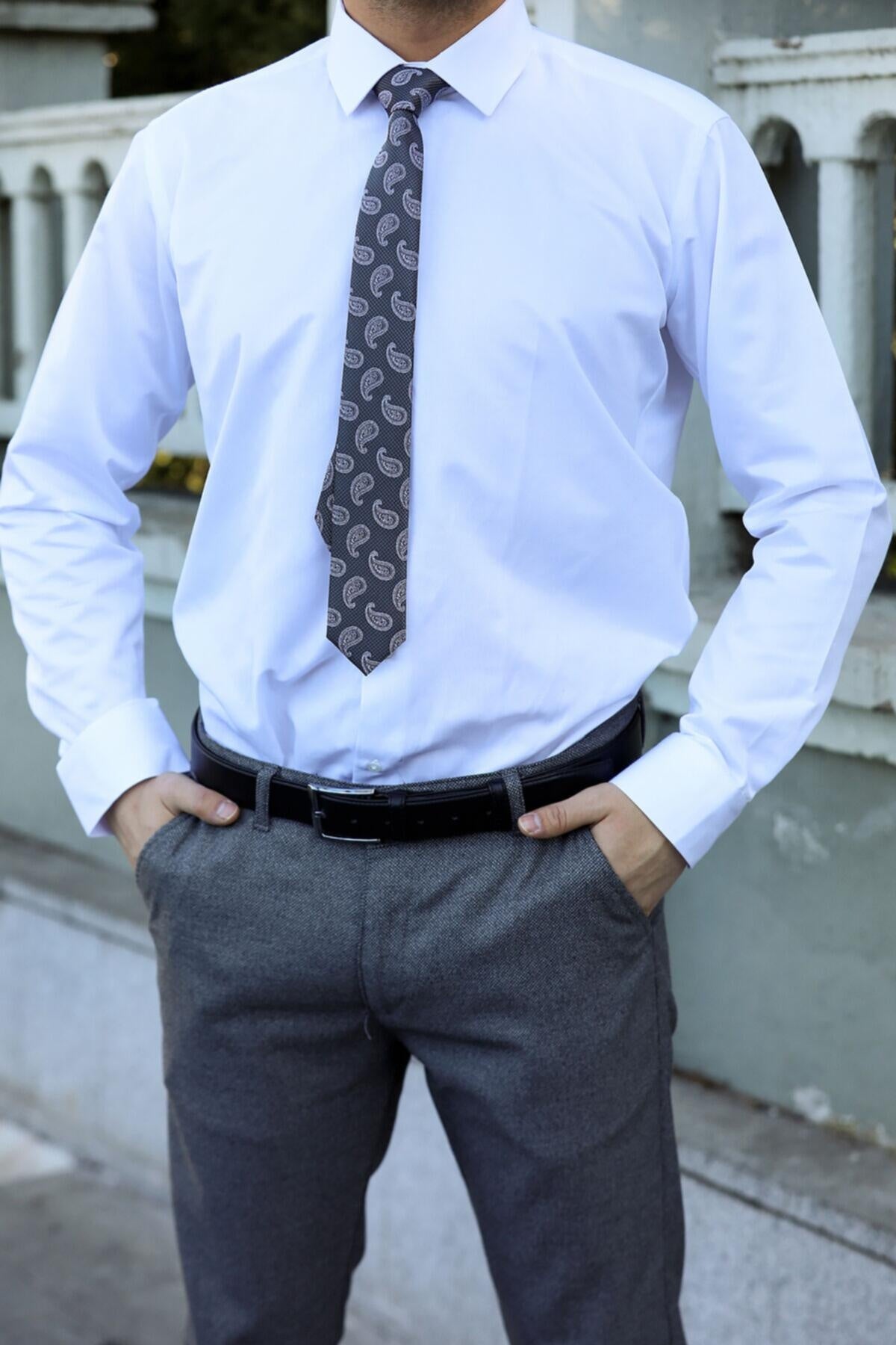 Erkek Saten Slim Fit Gömlek Beyaz - Yandan Görünüm