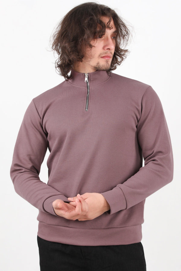 Erkek Yarım Fermuar Dik Yaka Pike Sweat Gül Kurusu - Arka Görünüm