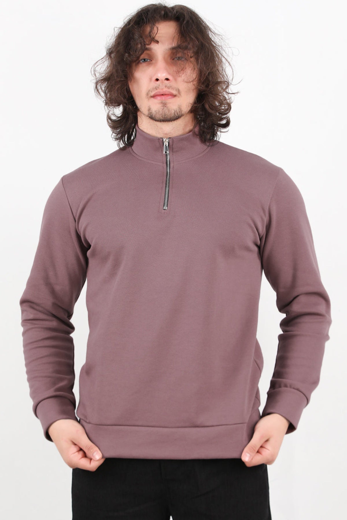 Erkek Yarım Fermuar Dik Yaka Pike Sweat Gül Kurusu - Ön Görünüm