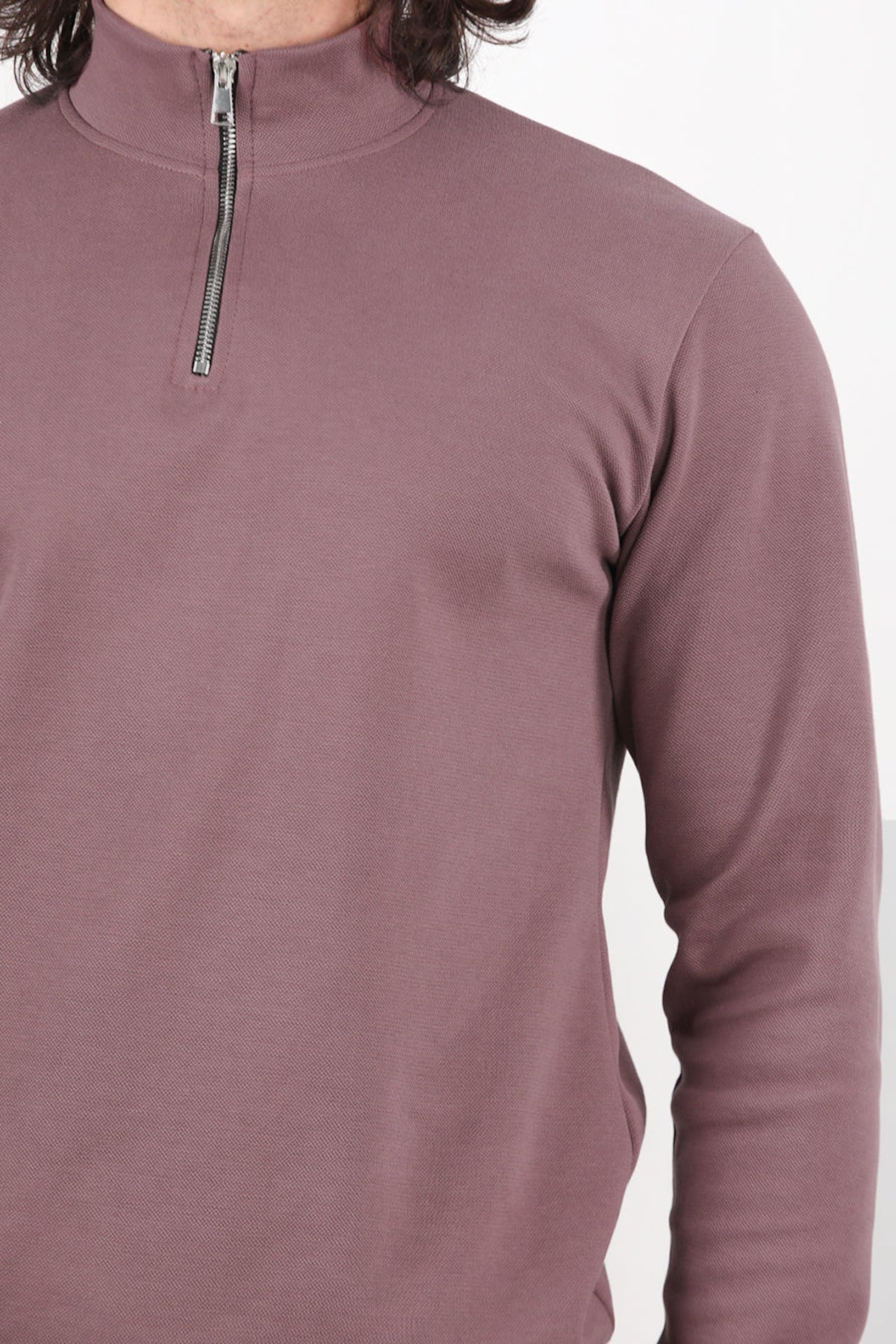 Erkek Yarım Fermuar Dik Yaka Pike Sweat Gül Kurusu - Yandan Görünüm