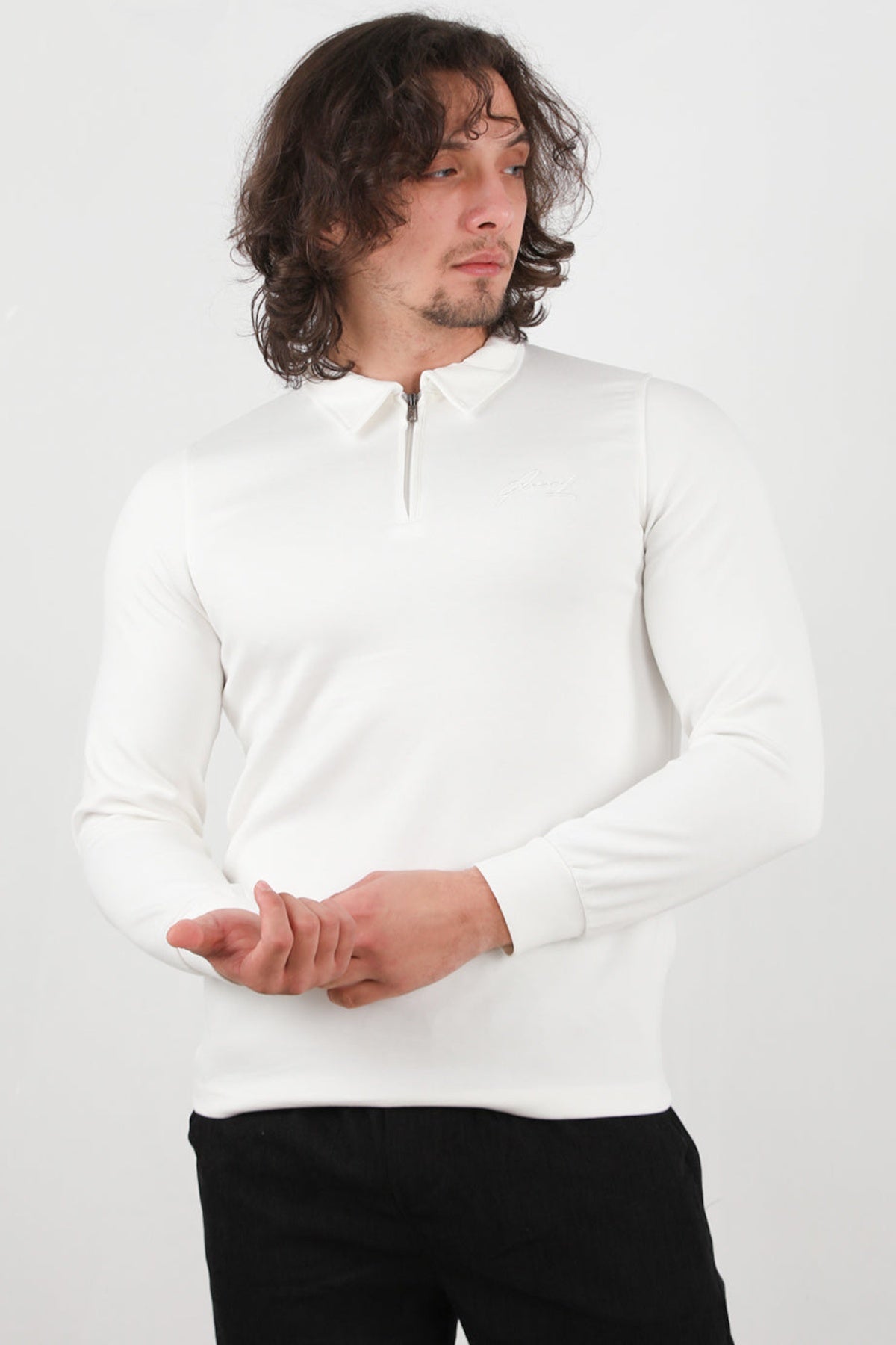 Erkek Yarım Fermuar Polo Yaka Sweat Beyaz - Arka Görünüm