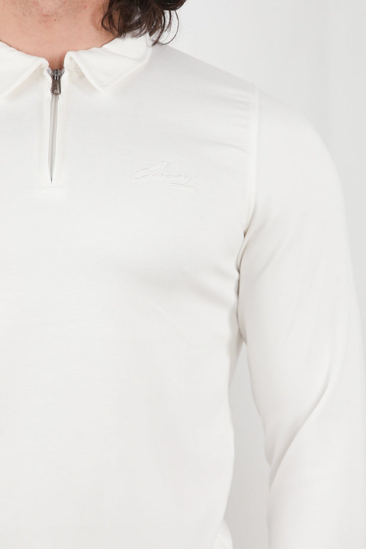 Erkek Yarım Fermuar Polo Yaka Sweat Beyaz - Yandan Görünüm