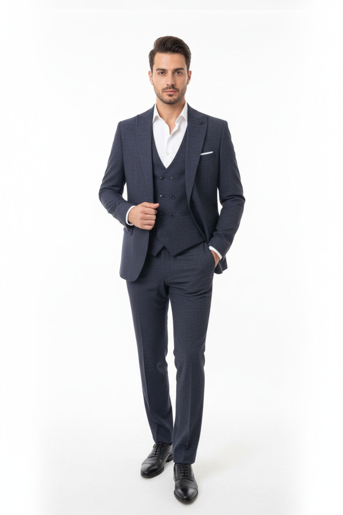 Erkek Zegna Kırçıllı 3Lü Takım Lacivert - Arka Görünüm