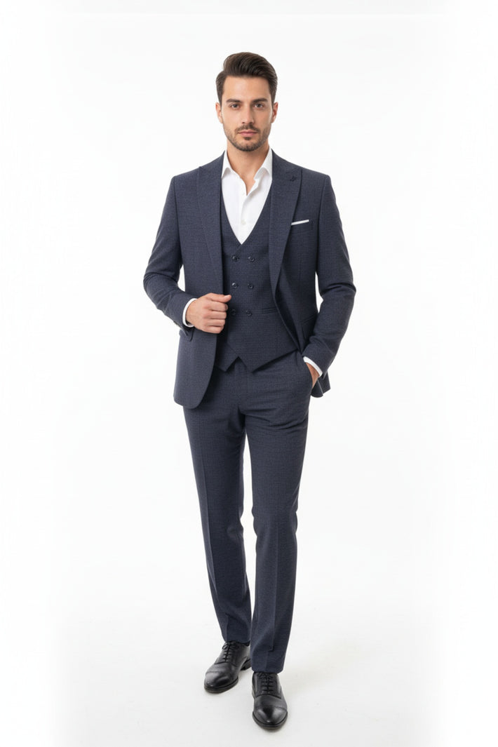 Erkek Zegna Kırçıllı 3Lü Takım Lacivert - Arka Görünüm