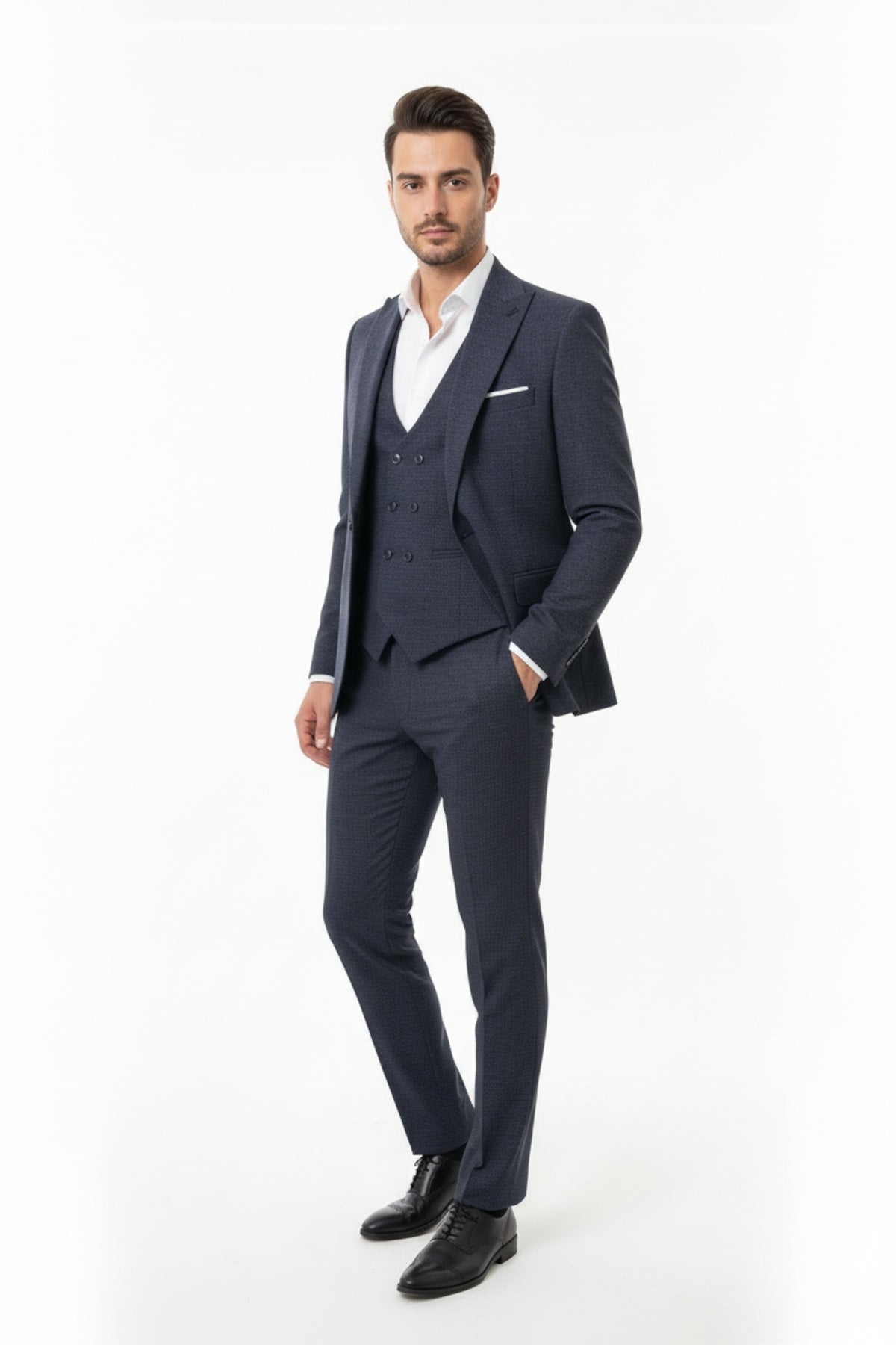 Erkek Zegna Kırçıllı 3Lü Takım Lacivert