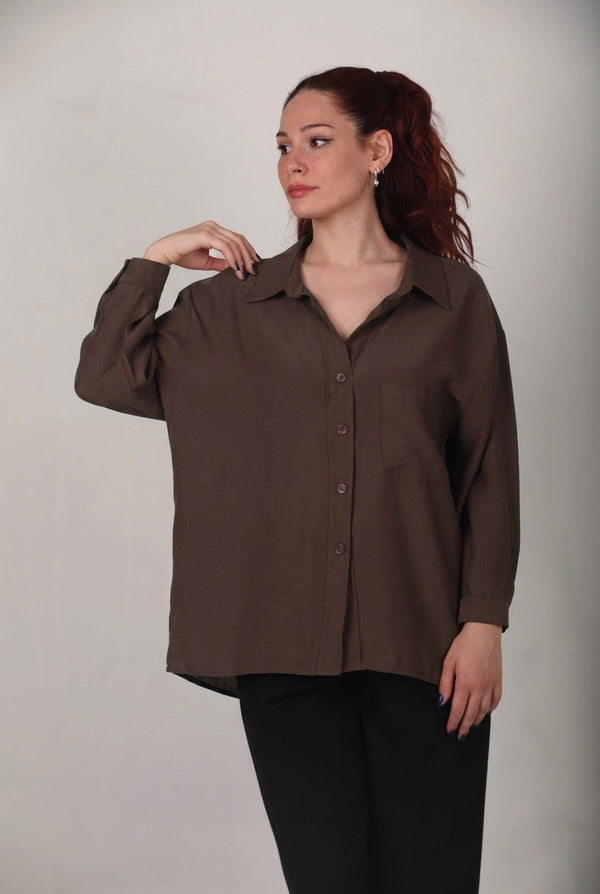 Kadın Oversize Düşük Omuz Gömlek  Kahverengi