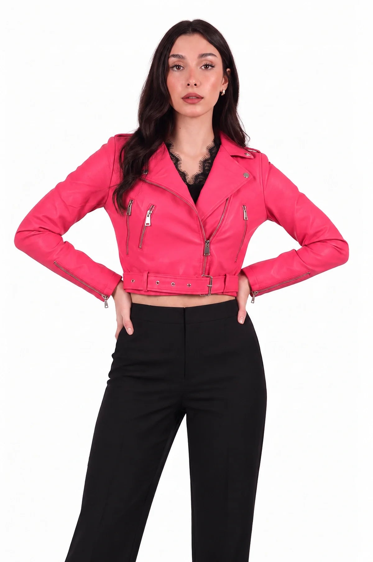 Kadın Fermuar Detay Kısa Deri Ceket  Pembe