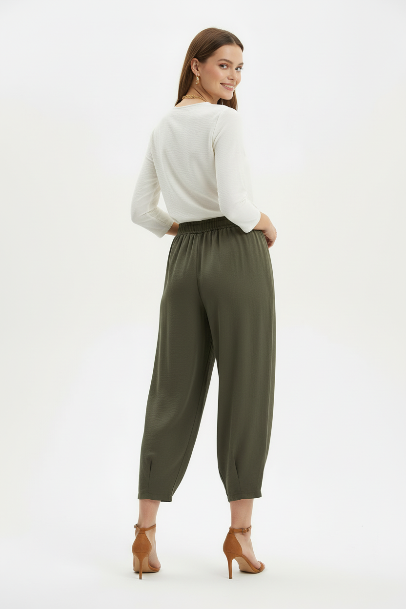 Kadın Bel Lastik Paça Pileli Pantolon Haki - arka görünüm
