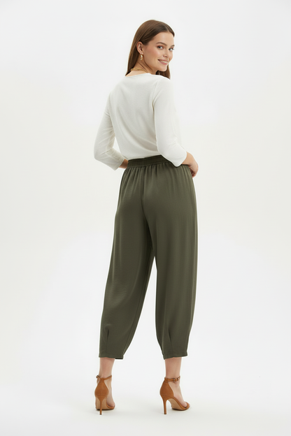 Kadın Bel Lastik Paça Pileli Pantolon Haki - arka görünüm