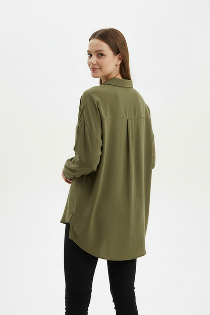 Kadın Düğmeli Oversize Gömlek Haki - arka görünüm